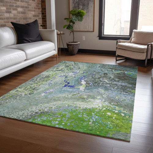 5' X 8' Green Lime Green And Artichoke Green Abstract Washable Indoor Outdoor Area Rug
