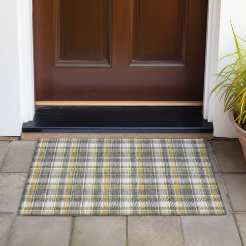 2' X 3' Gray Yellow and White Plaid Washable Non Skid Indoor Outdoor Area Rug