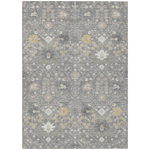 5' X 8' Gray Gold And Ivory Oriental Washable Indoor Outdoor Area Rug