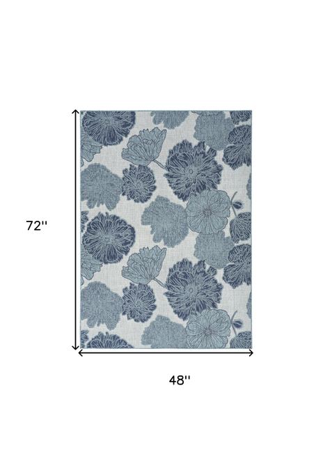 4' X 6' Navy Blue Ivory And Blue Floral Indoor Outdoor Area Rug
