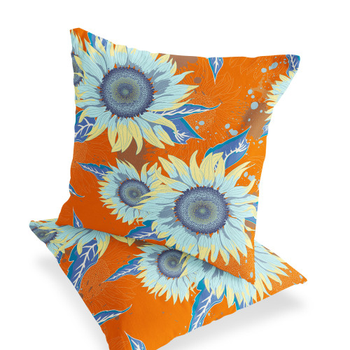 Set of Two 16" X 16" Blue and Yellow Blown Seam Floral Indoor Outdoor Throw Pillow Polyester Modern Style