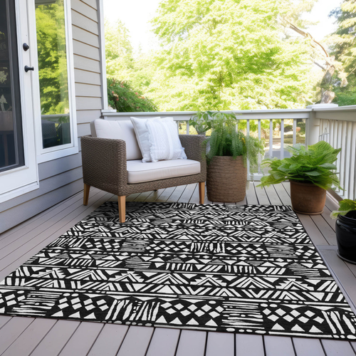 3' X 5' Black And Ivory Southwestern Washable Indoor Outdoor Area Rug
