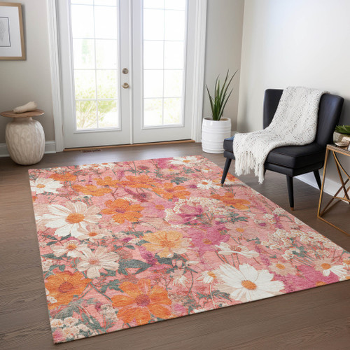 5' X 8' Blush Pink And Orange Floral Washable Indoor Outdoor Area Rug