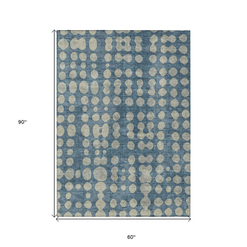 5' X 8' Denim Blue And Gray Abstract Washable Indoor Outdoor Area Rug