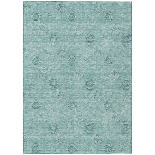 5' X 8' Teal Blue And Ivory Floral Washable Indoor Outdoor Area Rug