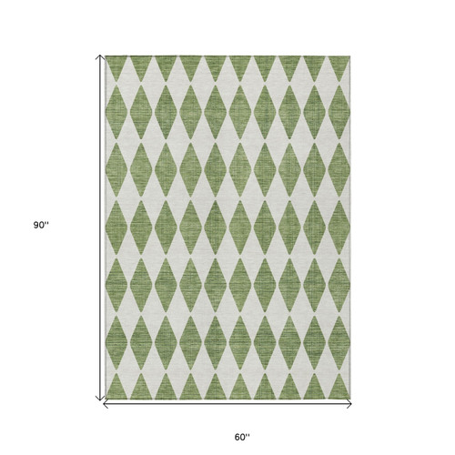 5' X 8' Green And Ivory Geometric Washable Indoor Outdoor Area Rug