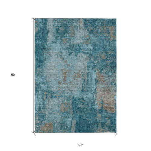 3' X 5' Teal Blue And Gray Abstract Washable Indoor Outdoor Area Rug