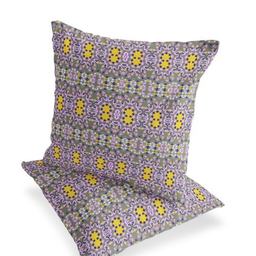 Set of Two 16" X 16" Purple and White Blown Seam Floral Indoor Outdoor Throw Pillow Polyester Home Accent