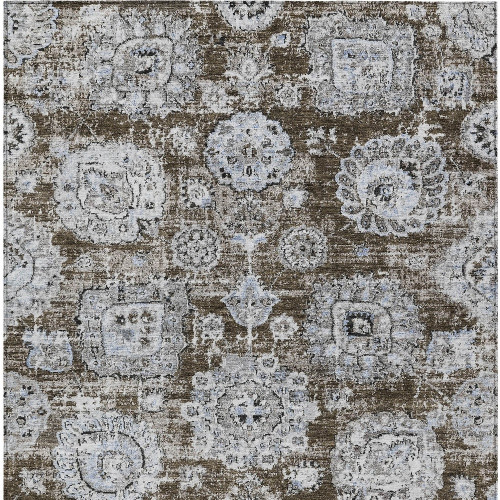 3' X 5' Chocolate And Blue Floral Washable Indoor Outdoor Area Rug