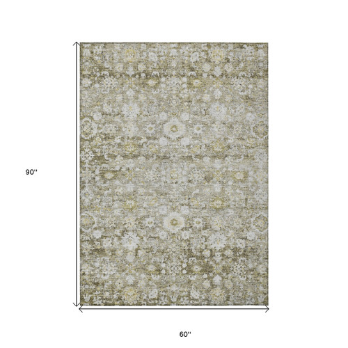 5' X 8' Taupe Beige And Gold Oriental Washable Indoor Outdoor Area Rug