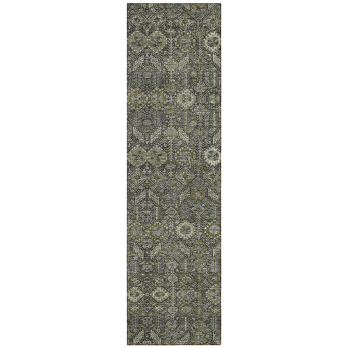 8' Runner Moss Green and Gray Floral Washable Non Skid Indoor Outdoor Runner Rug