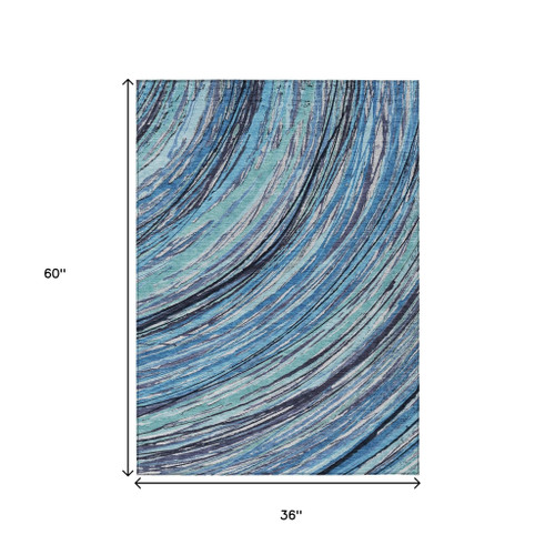 3' X 5' Blue Aqua And Ivory Abstract Washable Indoor Outdoor Area Rug