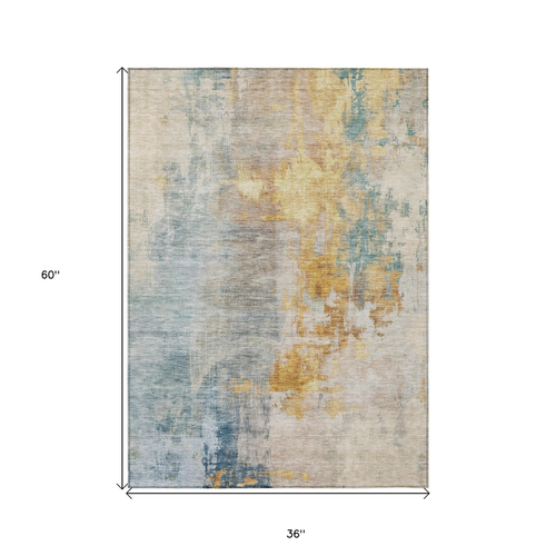 3' X 5' Linen Teal Blue And Copper Abstract Washable Indoor Outdoor Area Rug