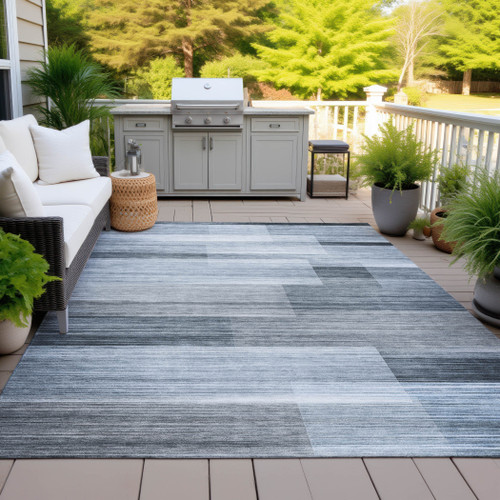 3' X 5' Denim Blue And Ivory Striped Washable Indoor Outdoor Area Rug - Denim Blue, Ivory
