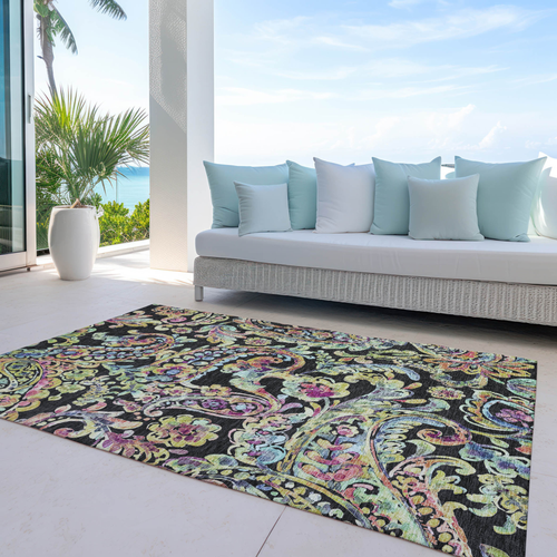 5' X 8' Black And Artichoke Green Paisley Washable Indoor Outdoor Area Rug
