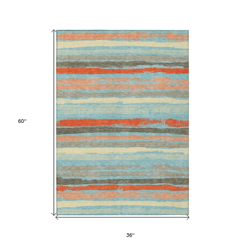 3' X 5' Sky Blue Pink And Gray Striped Washable Indoor Outdoor Area Rug