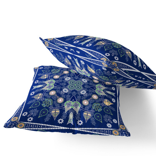 Set of Two 16" X 16" Beige and Blue Blown Seam Paisley Indoor Outdoor Throw Pillow Polyester Home Accent
