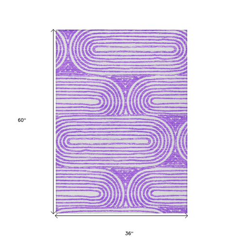 3' X 5' Purple and White Abstract Washable Non Skid Indoor Outdoor Area Rug