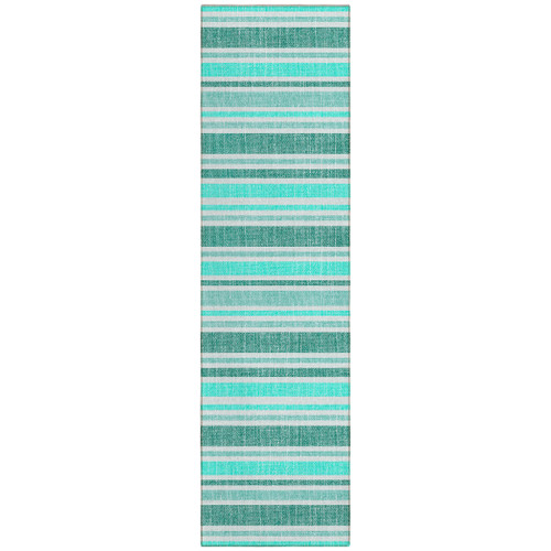 2' X 8' Turquoise Striped Washable Indoor Outdoor Runner Rug