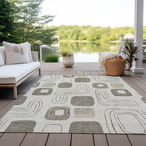 5' X 8' Beige Taupe And Tan Geometric Washable Indoor Outdoor Area Rug