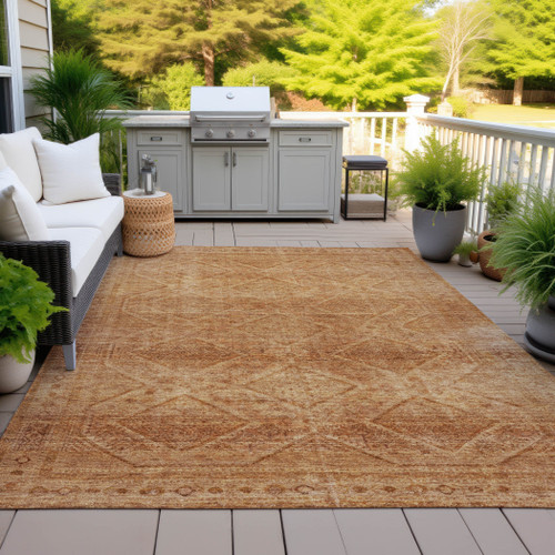 5' X 8' Copper And Ivory Geometric Washable Indoor Outdoor Area Rug - Copper, Ivory