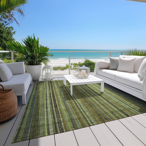 3' X 5' Green Gold And Gray Striped Washable Indoor Outdoor Area Rug