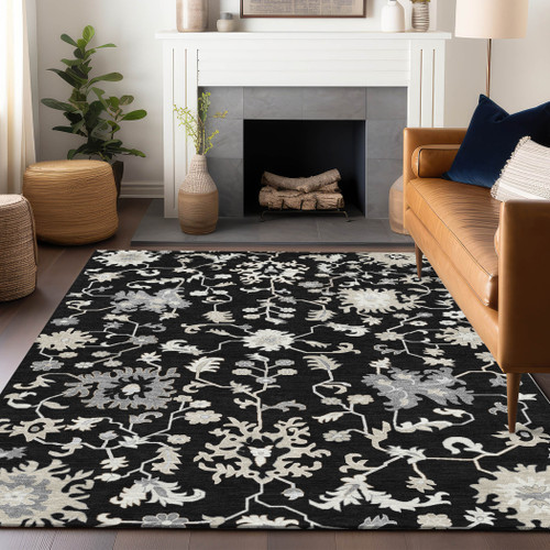 3' X 5' Black Ivory And Gray Floral Washable Indoor Outdoor Area Rug - Black, Ivory, Gray