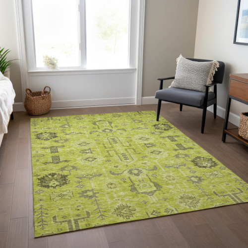 3' X 5' Artichoke Green And Fern Green Oriental Washable Indoor Outdoor Area Rug