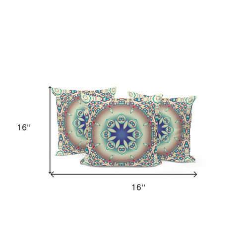Set of Three 16" X 16" Beige and Blue Abstract Indoor Outdoor Throw Pillow