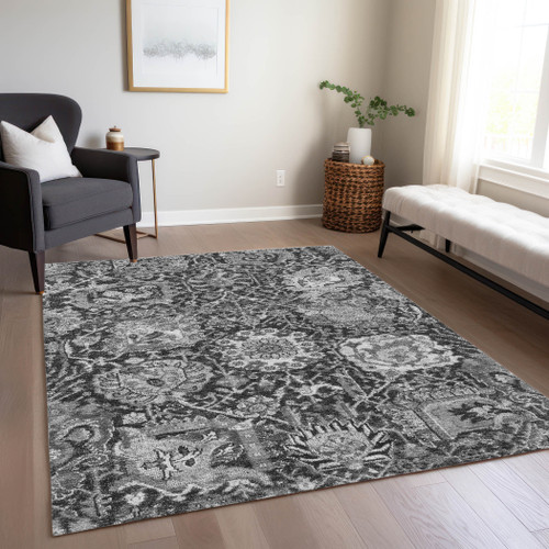 5' X 8' Gray And Ash Gray Damask Washable Indoor Outdoor Area Rug