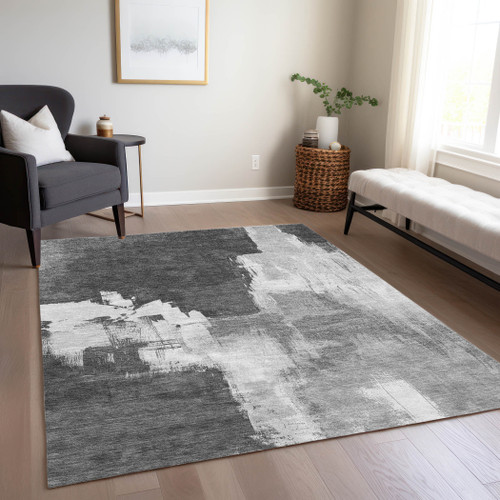 3' X 5' Gray And Smoky Black Abstract Washable Indoor Outdoor Area Rug