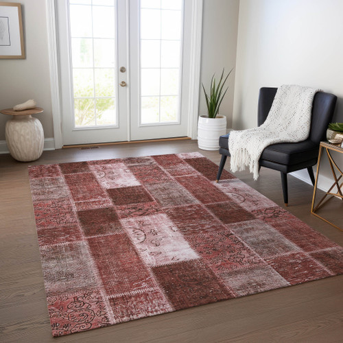 5' X 8' Burgundy Merlot And Blush Patchwork Washable Indoor Outdoor Area Rug