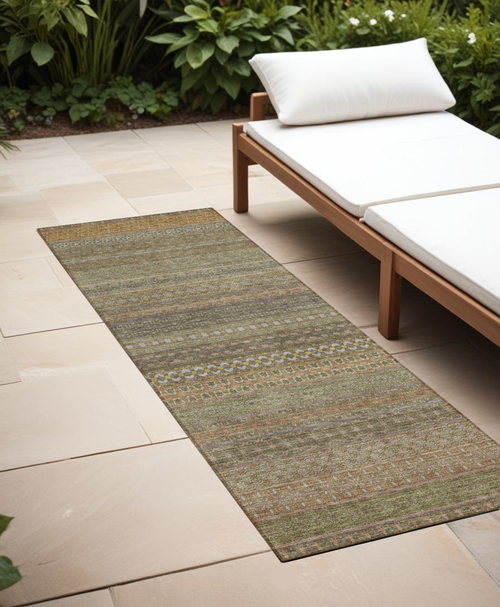 2' X 8' Khaki Striped Washable Indoor Outdoor Runner Rug