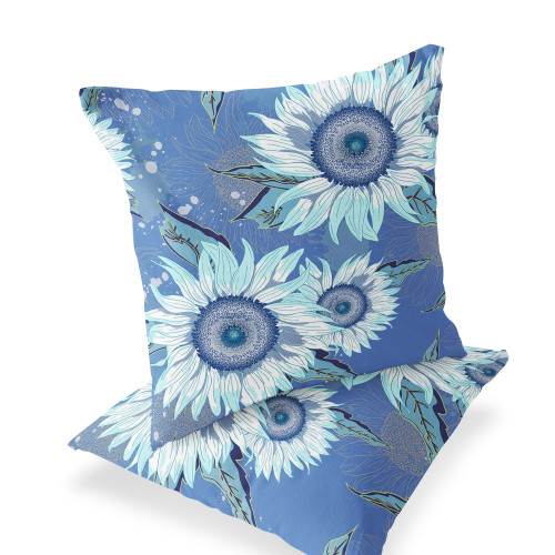 Set of Two 16" X 16" Blue and White Blown Seam Floral Indoor Outdoor Throw Pillow Polyester Modern Style