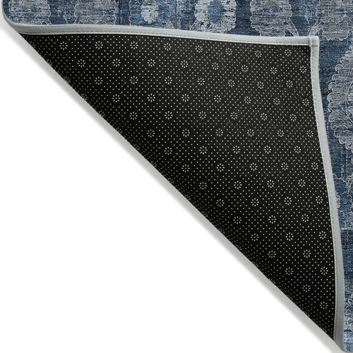 5' X 8' Navy Blue And Denim Blue Damask Washable Indoor Outdoor Area Rug