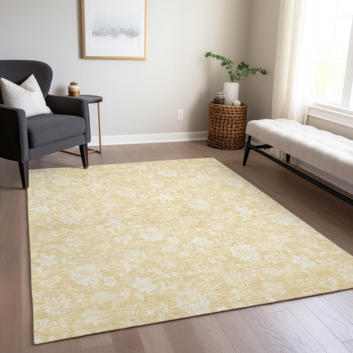 3' X 5' Yellow Wheat And Ivory Floral Washable Indoor Outdoor Area Rug