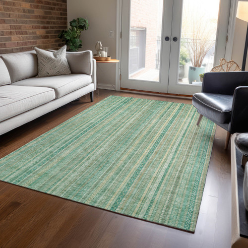 3' X 5' Aqua Beige And Teal Blue Striped Washable Indoor Outdoor Area Rug