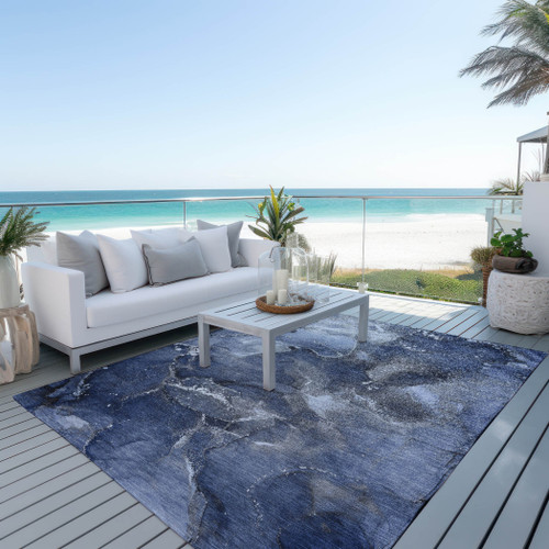 3' X 5' Blue and Gray Abstract Washable Non Skid Indoor Outdoor Area Rug