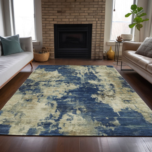 3' X 5' Navy Blue And Beige Abstract Washable Indoor Outdoor Area Rug