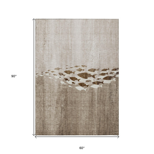5' X 8' Taupe Brown And Khaki Nautical Washable Indoor Outdoor Area Rug