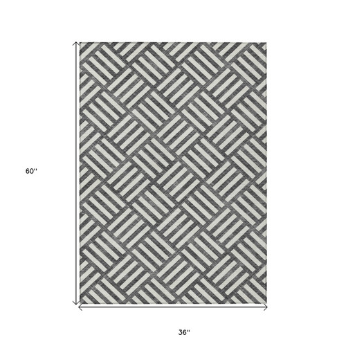 3' X 5' Black And Ivory Geometric Washable Indoor Outdoor Area Rug