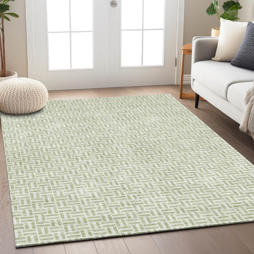 3' X 5' Artichoke Green And Gray Geometric Washable Indoor Outdoor Area Rug
