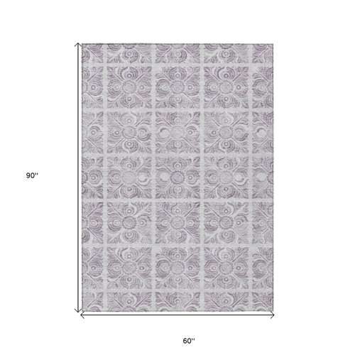 5' X 8' Lavender And Silver Medallion Washable Indoor Outdoor Area Rug
