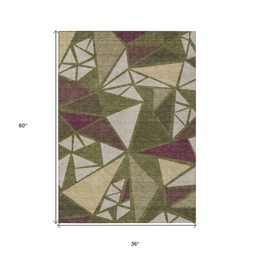 3' X 5' Olive Green Ivory And Burgundy Geometric Washable Indoor Outdoor Area Rug