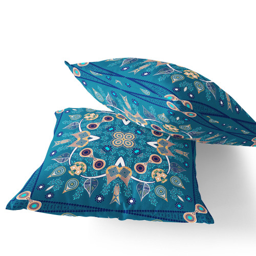 Set of Two 16" X 16" Beige and Blue Blown Seam Paisley Indoor Outdoor Throw Pillow Polyester Modern Style