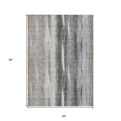 5' X 8' Khaki Ivory And Gray Botanical Leaves Washable Indoor Outdoor Area Rug