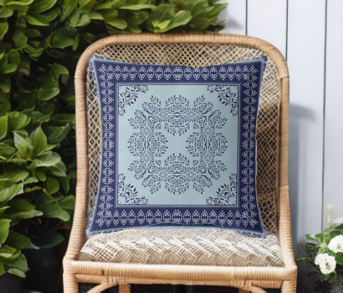 16" White Dark Blue and Light Blue Damask Indoor Outdoor Throw Pillow