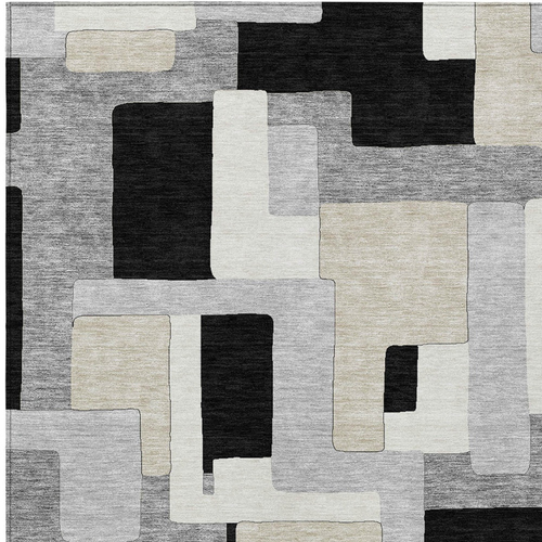 3' X 5' Black Ivory And Beige Geometric Washable Indoor Outdoor Area Rug