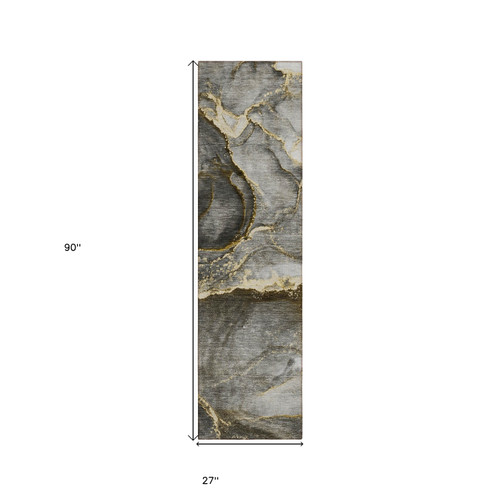 8' Runner Gray and Gold Abstract Washable Non Skid Indoor Outdoor Runner Rug