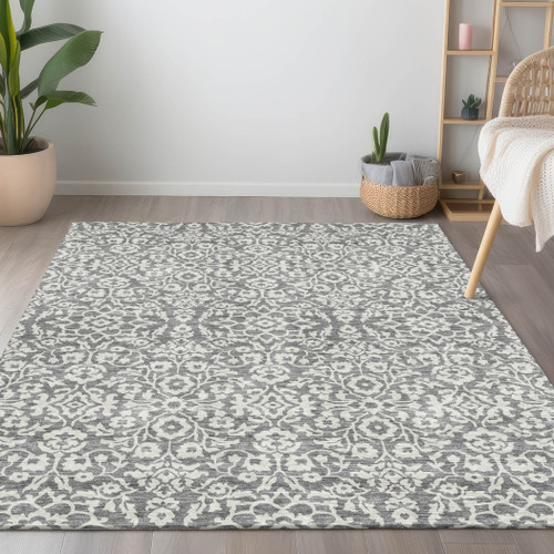 5' X 8' Gray And Ivory Damask Washable Indoor Outdoor Area Rug